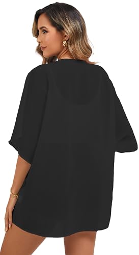 FINOCEANS Womens Floral Chiffon Kimono Cardigans Loose Beach Cover Up Half Sleeve Tops2