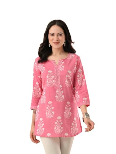 Image of Amazon Brand - Tavasya Women Floral Printed Round Neck Pure Cotton Regular Fit Kurti | Everyday & Office Wear Kurta | Modern Ethnic Top