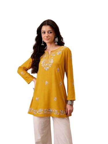 Image of QAZMI Women's Zayesha Aari Embroidered Viscose Rayon A-Line Flared Short Kurti