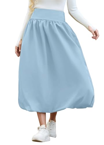 Women's Bubble Long Skirt Elastic Waist A-Line Pleated Ruffle Flowy Balloon Maxi Skirts with Pockets