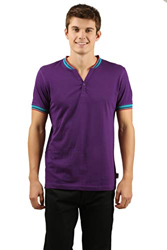 Image of Zebu Men's Half Sleeve Cotton Henley Neck Tshirt with bio wash (Pack of 1). Purple