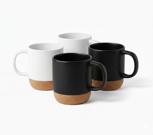 FUN FAN LINE - Pack de Tazas de Café Grandes de Cerámica 4 Unidades | Tazas Altas Blancas y Negras con Base de Corcho | Juego de Tazas Modernas para Desayuno y Té | Regalo para Parejas y Amigos
