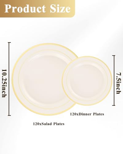 Image of Goodluck 120 PCS Ivory and Gold Plastic Plates, Heavy Duty Disposable Ivory Plates with 60 10.25 inch Dinner Plates and 60 7.5 inch Dessert Plates for Party, Holiday, Wedding