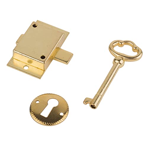 Small Brass Plated Flush Mount Cabinet Door Lock with Key - 1" Wide x 1 3/4" High - Vintage Lock and Key for Furniture Doors and Drawers | UA-030-LPB - Thumbnail 3