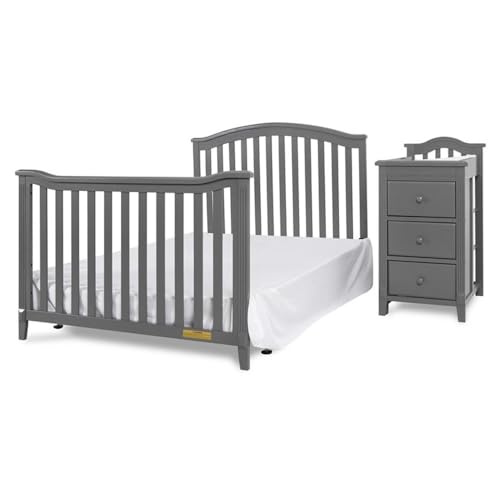 Image of Pemberly Row 4-in-1 Convertible Crib & Changer, Solid Pine Wood, Gray Finish, Changing Table with 3 Drawers and Shelves, Adjustable Mattress Support, Converts to Toddler Bed /Daybed /Full-Size Bed