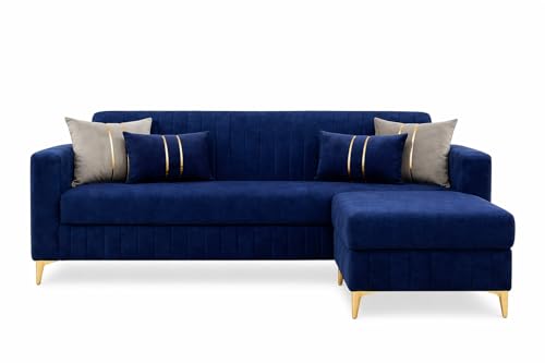 Image of CASASTYLE Noviq 4 Seater L Shape Sofa Set with Movable Ottoman | Flexible Left or Right Layout | Cozy Velvet Fabric | Soft Touch Seating | Modern Designer Sofa for Living Room (Dark Blue)