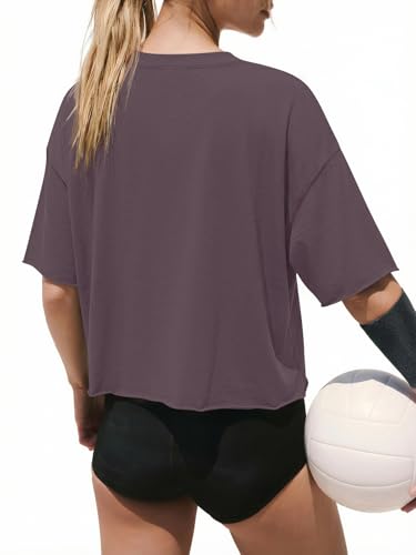 Image of ATHMILE Womens Crop Tops Workout Shirts Gym Oversized Spring Summer Basic Tees Short Sleeve Casual Loose Drop Shoulder 2026