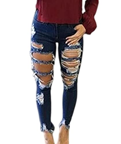 Sexyshine Women's High Waisted Skinny Destroyed Ripped Hole Denim Pants Long Stretch Pencil Jeans2
