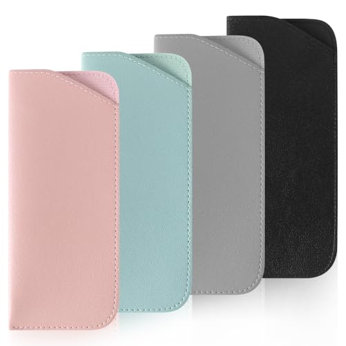 TIECHI 4 Packs Soft Eyeglass Cases Portable Pu Leather Glasses Pouch Squeeze Top Sunglass Case for Women Men(Pink Blue Grey Black)