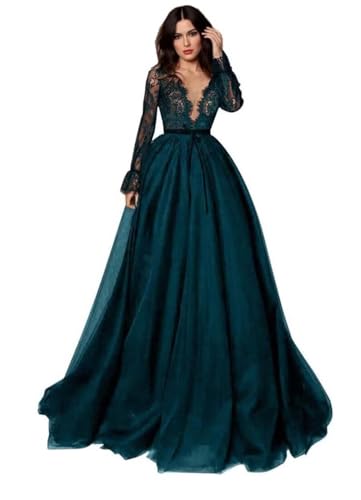 Long Sleeve V Neck Prom Dress Laces Tulle Wedding Dresses for Bride A Line Formal Ball Gowns