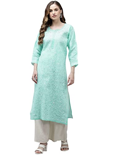 Image of Ada Women's Cotton Straight Fit Straight Hand Embroidered Lucknowi Chikankari Kurta Kurti A411165