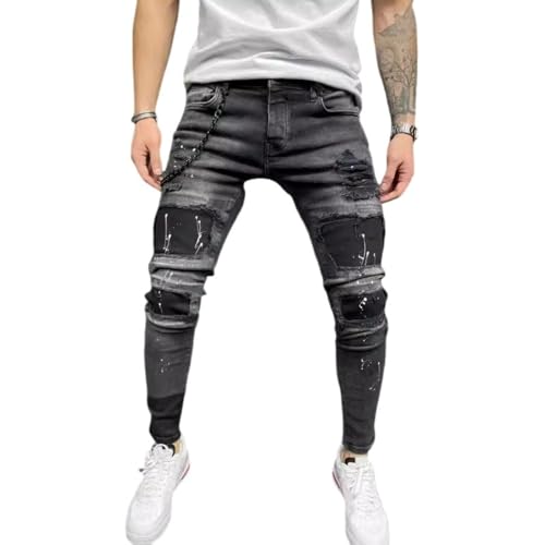 Jeans Pants Trouser Denim Ripped Print Stretch Tight Fitting Street Style Trendy and Personalized Small Leg for Men