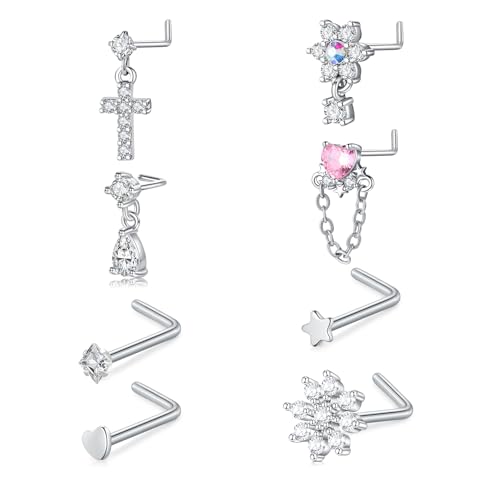 AceFun 8pcs Silver Nose Rings Studs Set for Women 20G Surgical Steel Dangle Nose Ring L-Shaped Star Nostril Nose Piercing Jewelry Hypoallergenic CZ Heart Cross Flower Nose Studs