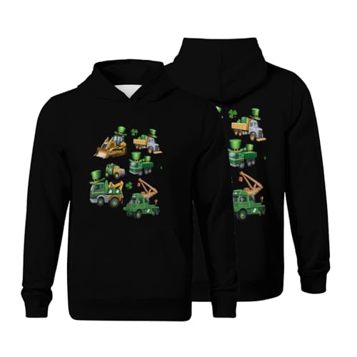 Kids Cute Irish Construction Truck Crane St Patricks Day Boys Girls Lightweight Kangaroo Pocket Fleece Hoodies