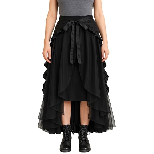 BAKUGOU Women Gothic Steampunk Bustle Overskirt High Low Ruffle Wrap