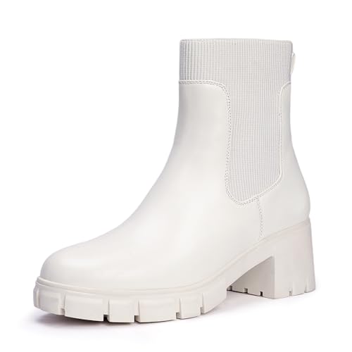 IDIFU Women's Chelsea Boots Slip On Platform Ankle Booties with Lug Sole Chunky Block Comfort Shoes