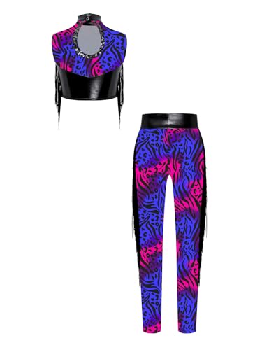 YEAHDOR Girls Hip Hop Jazz Dance Outfits Zebra Print Metallic Crop Tops and Skinny Leggings Athletic Outfits Black 16 Years4