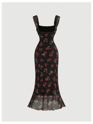 Image of Floerns Women's Rose Floral Print Mesh Midi Dress Fishtail Hem Vacation Bodycon Dresses