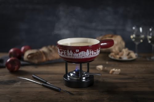 Kuhn Rikon Mini Cheese Fondue Set Alpine Meadow in Red Cast Iron - 17cm Pot for 2 with Rechaud and Forks - Image 3