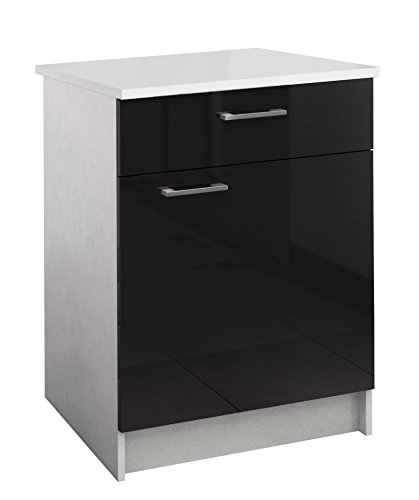 Berlioz Creations PRIMA PG6BTN Meuble Bas de Cuisine avec Plan de travail , 1 Porte + 1 tiroir décors Noir Brillant 60 x 60 x 85 cm, Fabrication 100% Française