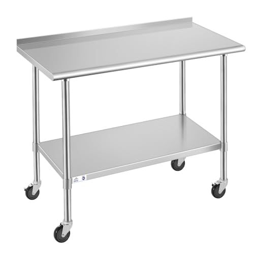 Image of Stainless Steel Table for Prep & Work with Caster & Backsplash 24x60 Inches, NSF Metal Commercial Kitchen Heavy Duty Table with Adjustable Under Shelf and Table Foot for Restaurant, Home and Hotel