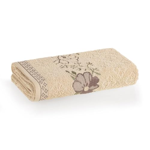 Toalha de Banho Karsten Yuna 100% Algodão - Barra Floral Brilho Grossa Macia Antipilling - 70 x 135 (Marfim 60267/28)