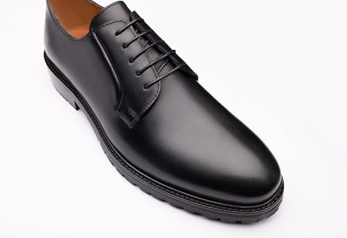 Image of Men's Black Plain Toe Derby Shoes - Classic Lace-Up Dress Shoes with Non-Slip Rubber Lug Sole - Professional Business & Office Footwear