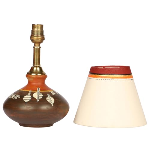Image of AAKRITI ART CREATIONS Terracotta Table Lamp for Study Room, Bedroom & Living Room Decoration | Floral Hand-Painted Leaf Motif Bedside Lamp with Cotton Fabric Shade | Aesthetic Night Lamp