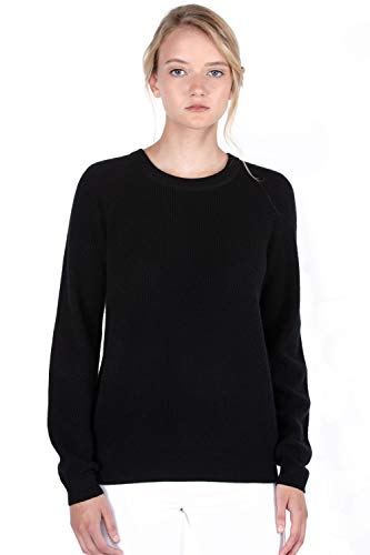JENNIE LIU Women's 100% Pure Cashmere Raglan Sleeve Extra-Cozy-Rib Crew Neck Sweater(S, Black)