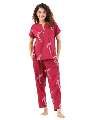 Image of Women's Pure Cotton Bird Printed Night Suit Top and Pyjama Set.
