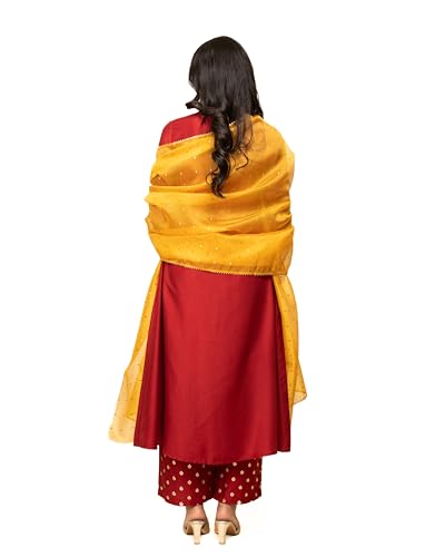 Image of FIORRA Women's Red Silk Blend A-Line Kurta with Palazzo and Dupatta