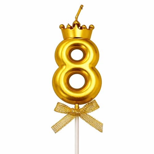 Image of Rozi Decoration Number 8 Birthday Candle for Cake with Crown Design | Gold Metallic Number Candle with Stick | Eighth Birthday Cake Topper for Baby, Kids and Party Celebration