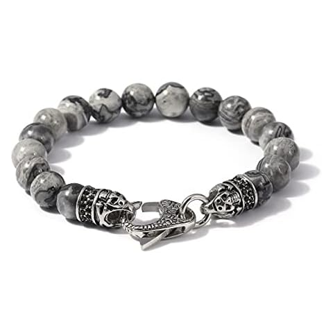 Starmond Mens Beaded Bracelets Gifts: 10mm Jasper Mens Bracelet Beads with Stainless Steel Skull Design and Lobster Clasps as Mens Jewelry Gift of Anxiety Bracelets Cover