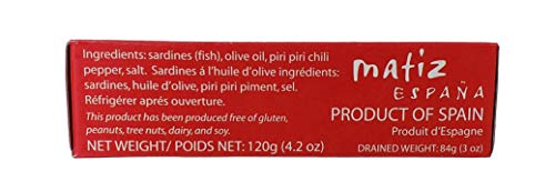 Matiz Spicy Wild Spanish Sardines in Olive Oil and Piri Piri Pepper, 4.2 oz (4.2 Ounce (Pack of 12))