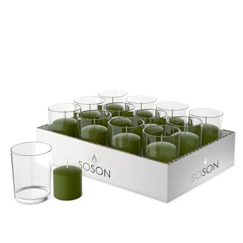Simply Soson Dark Moss Green Votive Candles - 24 Unscented Glass Candles, 10 Hour Burn Time - Perfect for Weddings, Birthdays, Holidays & Home Decor