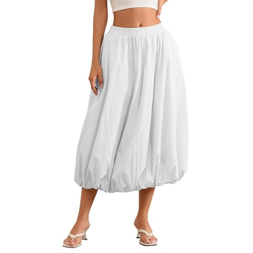 Y2K Bubble Maxi Skirt for Women Elastic Waist Balloon Midi Skirt Summer A Line Casual Long Skirts Streetwear, White, One Size