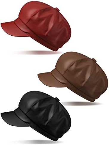 3 Pcs Women Newsboy Hats PU Leather Visor Beret Cabbie Hat 8 Panel Vintage Women Fiddler Cap Faux Leather Baker Boy Hat Painter Gatsby Cap()