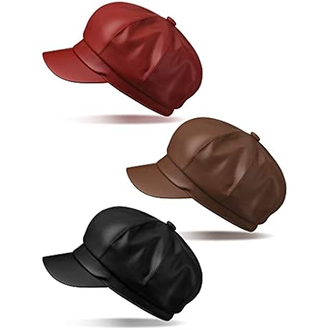 Funtery 3 Pcs Women Newsboy Hats PU Leather Visor Beret Cabbie Hat 8 Panel Vintage Women Fiddler Cap Faux Leather Baker Hat(Khaki, Red, Black) Cover