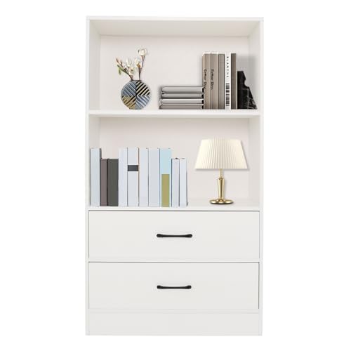 YUYUZI Estantería de 4 niveles y 2 cajones – Estantería de pie estrecha de MDF resistente en color blanco, ahorra espacio para salón, oficina en casa y habitación infantil