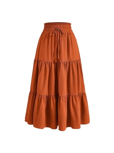 Women's Elegant Solid Color Tie Waist Ruffle Hem Casual A-Line Skirt Long Skirts