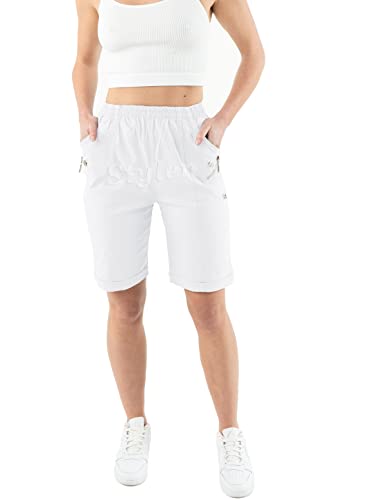 Shorts for Womens UK Pockets Lightweight Elasticated Holidays Easy Care Ladies Travelling Pull on Comfy Lounge Shorts Plus Size (14, White (Shorts)