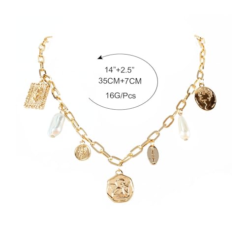 Gold Charm Necklace for Women White Pearl Choker Necklace Head Portrait Square Pendant Necklace Boho Charm Necklace Beach Necklace Jewelry for Women4