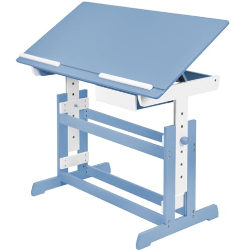 tectake® Escritorio Madera, Escritorio Elevable en 7 Posiciones, Tablero Inclinable, Cajón, Bordes Redondeados, Mesa Escritorio, Mesa de Estudio, Escritorio Infantil, Mesa Infantil - Azul