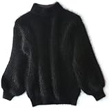 Angora Pull en tricot à col roulé en cachemire mélangé pour femme, Noir , Taille unique