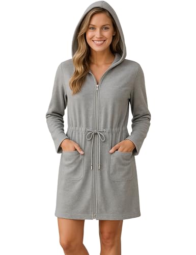 Morgenstern Bademantel Damen dünn Reißverschluss und Kapuze Grau...