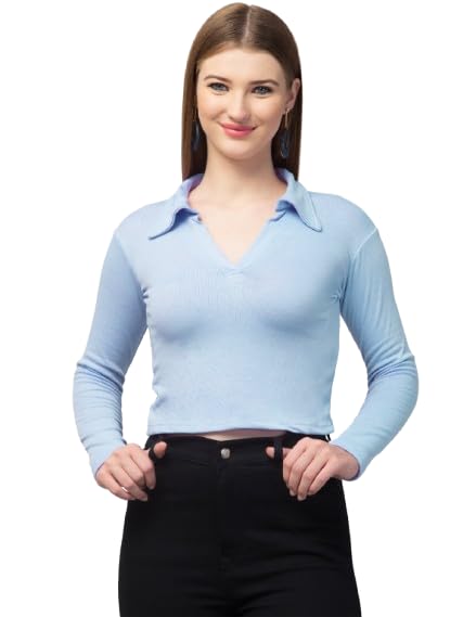 trend level Ribbed Polo Collar Extended Sleeves Tops for Women-picture-48
