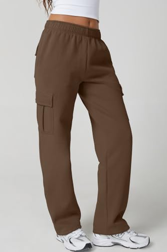 Image of QINSEN Baggy Medium Waist Elastic Sweatpants for Womens Casual Long Fleece Cargo Pants with Pockets