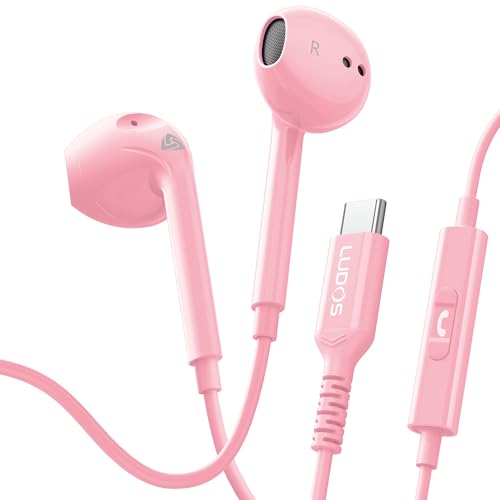 LUDOS Zenith USB C Headphones for iPhone 17 16 15 Pro Max Plus Air iPad Pro Air, 5 Years Warranty, USB-C Earbuds for Samsung Galaxy S24 S23 Ultra S22 S21 S20 A55 A54 A53, USB Type C Earphones - Pink