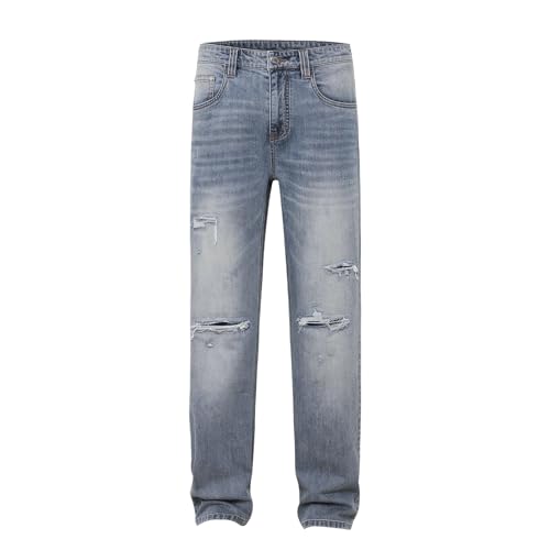 Men's Minimalist Clean Version Slim Fit Perforated Texture Wear-Resistant Micro Wide Straight Leg Denim Pants