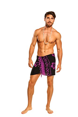 1 World Sarongs Mens Sarong Beach Wrap Hibiscus Half/Mini Cover-Up Sarong in Black/Purple
